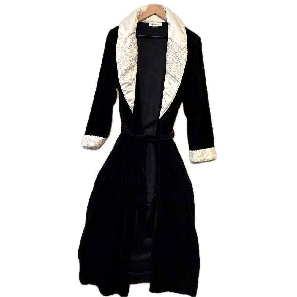 CHRISTIAN DIOR Robe Women's Small Velvet Ivory Satin Trim Embroidered Long Black
